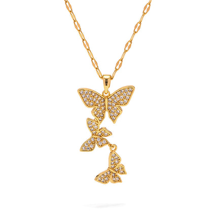 18K Gold Exquisite and Noble Inlaid White Zircon Butterfly Design Pendant Necklace