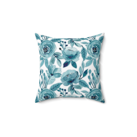 Blue Flowered Polyester Square Pillow