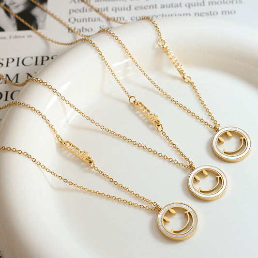 18K Gold Fashionable White Seashell Smiley Face Design with English Alphabet Pendant Necklace