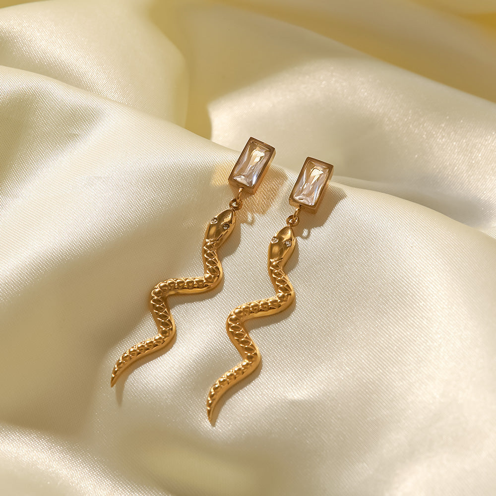 18k Plated Cubic Zirconia Delicate Snake Rectangle Drop Earrings