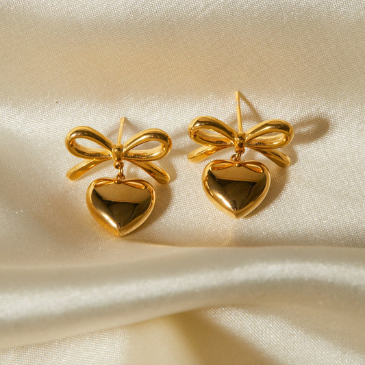18K gold light luxury fashion bow with love pendant design earrings
