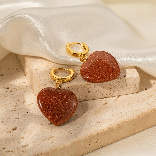 18K Gold Retro Fashion Red Gold Sandstone Heart Pendant Earrings