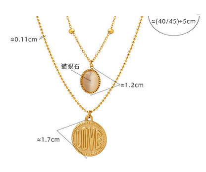 18K Gold Classic Simple LOVE Round Plate with Opal Double Layer Necklace